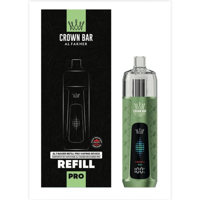 Mint green Al Fakher Refill Pro Device Kit refillable hookah vape with silk glossy body, leather accents, and visible e-liquid window.