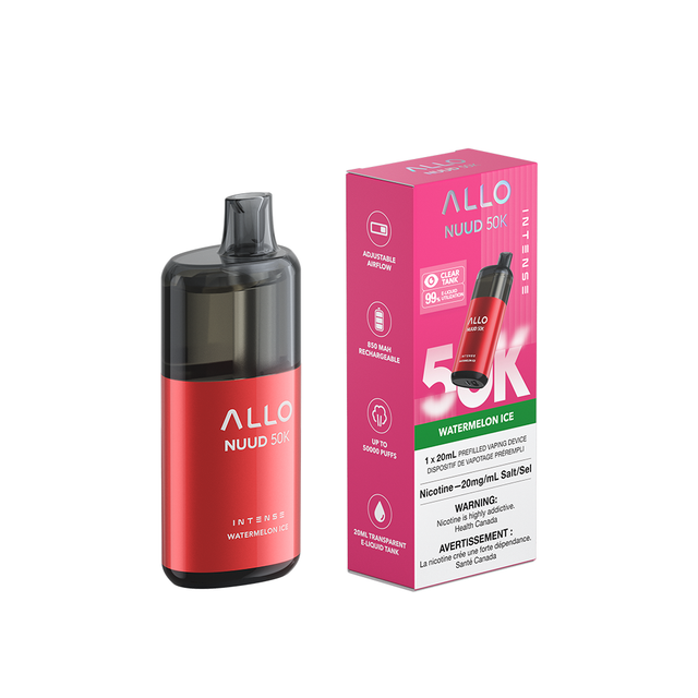 Watermelon Ice – Allo Intense NUUD 50K Disposable Vape 20 mL Clear Tank.