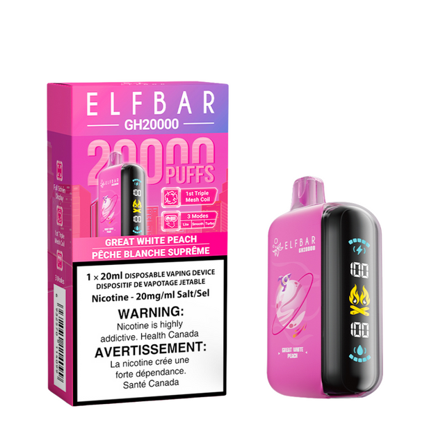 Elf Bar GH20000 Disposable Vape - Great White Peach Flavour - 20mg/ml nicotine strength, 20ml e-liquid capacity.