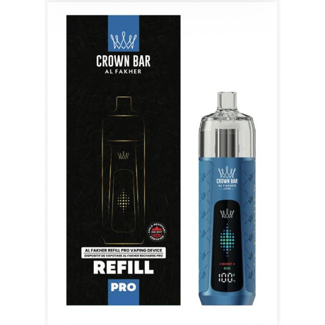 Ocean blue Al Fakher Refill Pro Device Kit refillable hookah vape with premium glossy finish, leather details, and illuminated display.