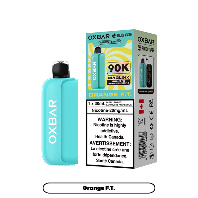 Rocky Vapor Oxbar Maglink Prefilled Pods 90K Orange FT prefilled pod with 90000 puffs and dual mesh coil in Canada
