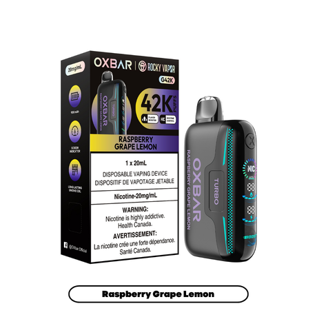 Rocky Vapor Oxbar G42K - Raspberry Grape Lemon Disposable Vape. 20ml e-liquid, 20mg/ml nicotine. 42K Puffs