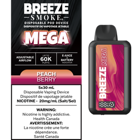 Peach Berry Breeze Mega 60K combines peaches with a medley of berries. 30mL of premium e-juice and up to 60,000 puffs.
