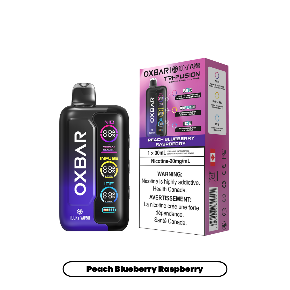 Vapes jetables Oxbar Tri Fusion - Pêche, myrtille, framboise, 30 ml