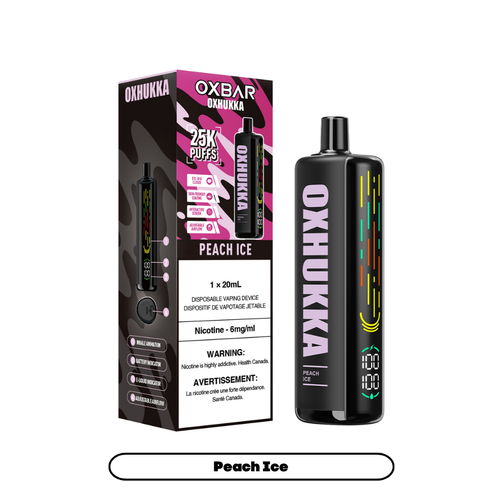 OXBAR OXHUKKA 25000 Puffs Disposable Vape Peach Ice flavour, 6mg/ml nicotine, 20ml e-liquid.