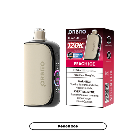 ORBITO LUMO-AI 120K Disposable Vape Peach Ice disposable vape with 120,000 puffs and dual mesh coil in Canada