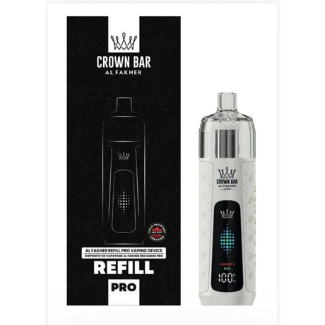 Pure white Al Fakher Refill Pro Device Kit refillable hookah vape with minimalist glossy finish, leather accents, and visible e-liquid window.