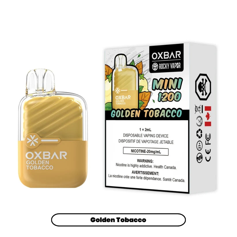 Rocky Vapor Oxbar Mini 1200 Golden Tobacco disposable vape with classic tobacco flavour in a compact pocket-friendly design