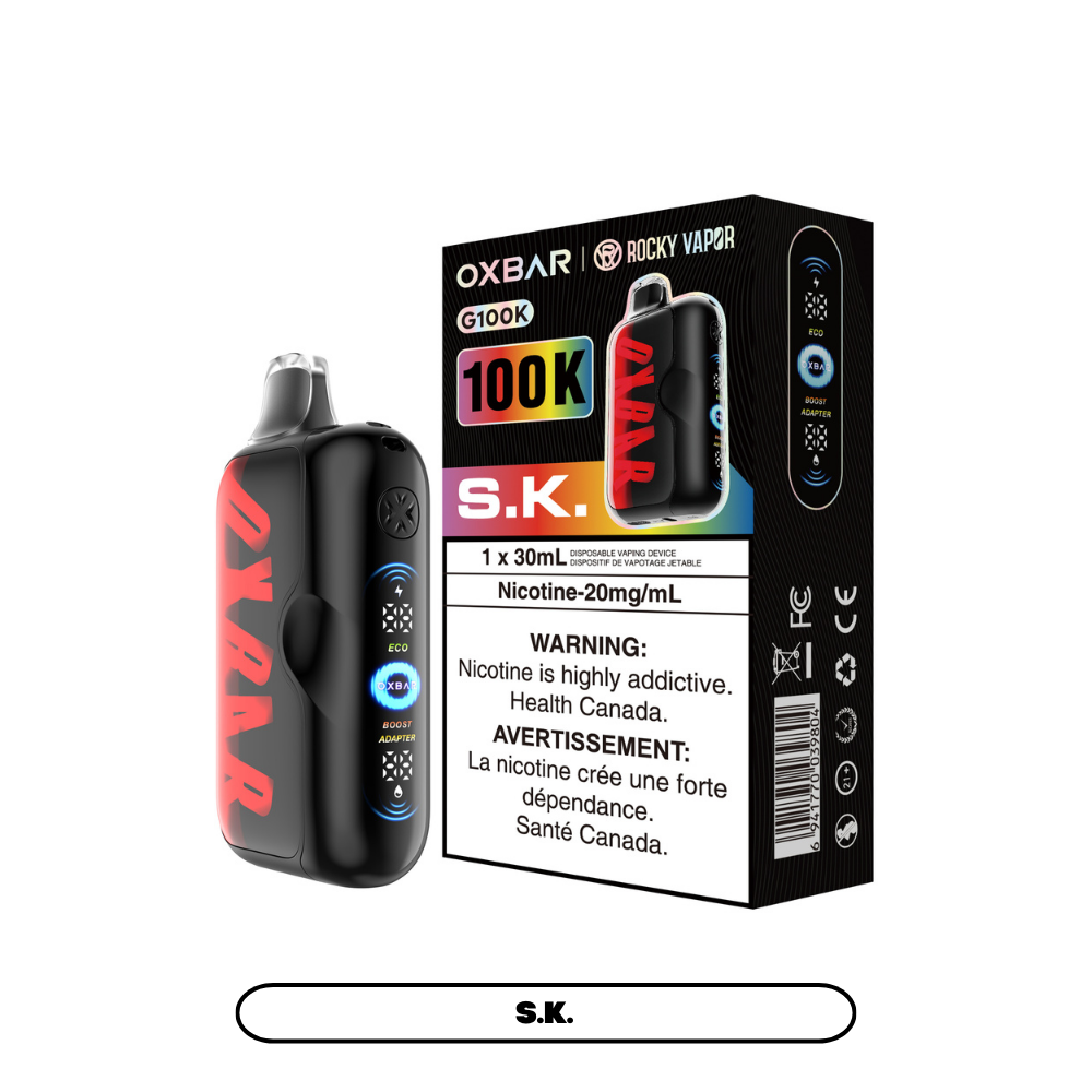 SKT Oxbar Rocky Vapor G100K disposable vape, 100000 puffs, 20mg/mL nicotine, 30mL e-liquid, mixed fruit flavour, triple mode, LED screen