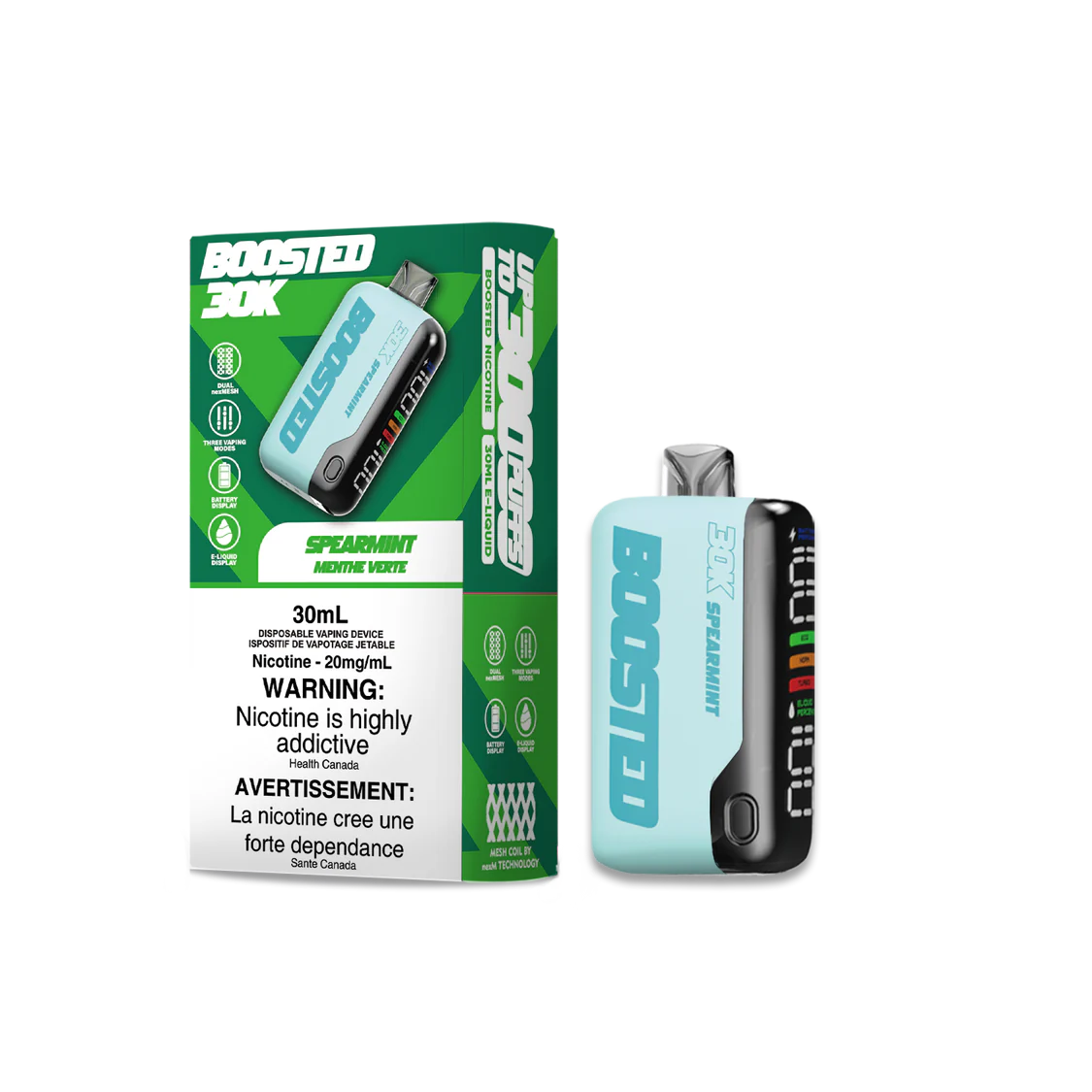 BOOSTED 30K Disposable Vape Spear Mint flavour offering a refreshing minty vaping experience with smooth and cool notes, lasting up to 30,000 puffs.