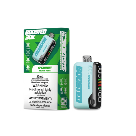 BOOSTED 30K Disposable Vape Spear Mint flavour offering a refreshing minty vaping experience with smooth and cool notes, lasting up to 30,000 puffs.