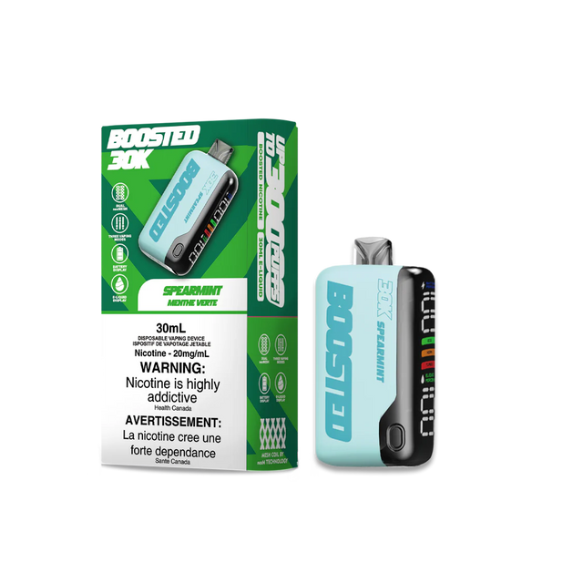 BOOSTED 30K Disposable Vape Spear Mint flavour offering a refreshing minty vaping experience with smooth and cool notes, lasting up to 30,000 puffs.