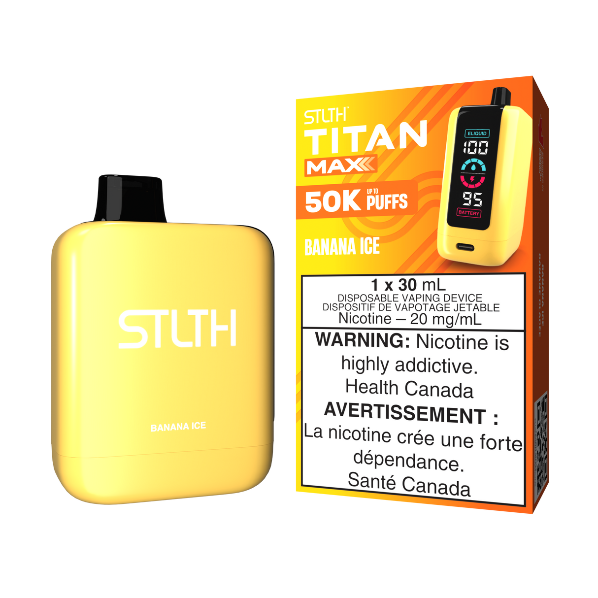 Banana Ice - STLTH Titan Max 50K Disposable Vape, 50,000 puffs, 20mg/ml nicotine strength, 30ml e-liquid capacity.