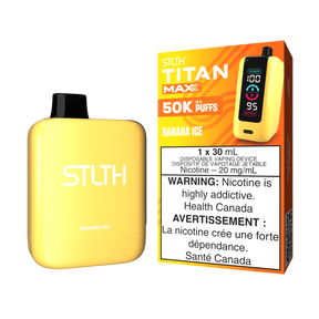 Banana Ice - STLTH Titan Max 50K Disposable Vape, 50,000 puffs, 20mg/ml nicotine strength, 30ml e-liquid capacity.