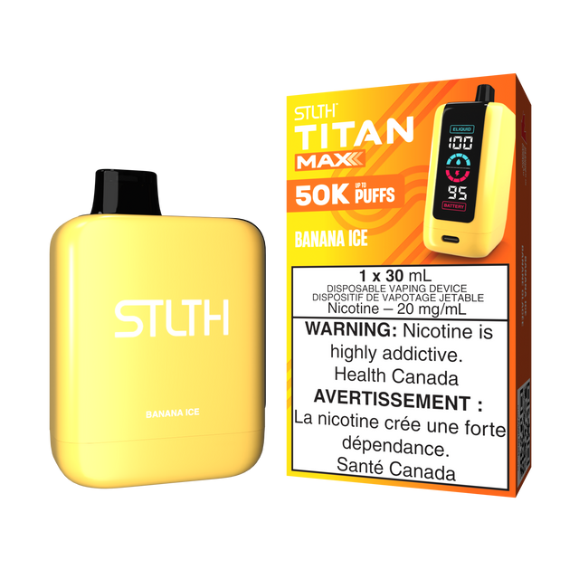 Banana Ice - STLTH Titan Max 50K Disposable Vape, 50,000 puffs, 20mg/ml nicotine strength, 30ml e-liquid capacity.