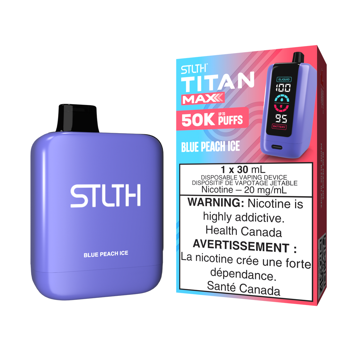 Blue Peach Ice - STLTH Titan Max 50K Disposable Vape, 50,000 puffs, 20mg/ml nicotine strength, 30ml e-liquid capacity.