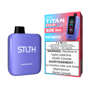 Blue Peach Ice - STLTH Titan Max 50K Disposable Vape, 50,000 puffs, 20mg/ml nicotine strength, 30ml e-liquid capacity.