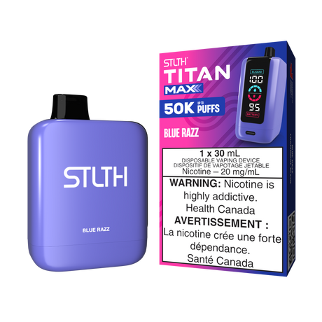 Blue Razz - STLTH Titan Max 50K Disposable Vape, 50,000 puffs, 20mg/ml nicotine strength, 30ml e-liquid capacity.