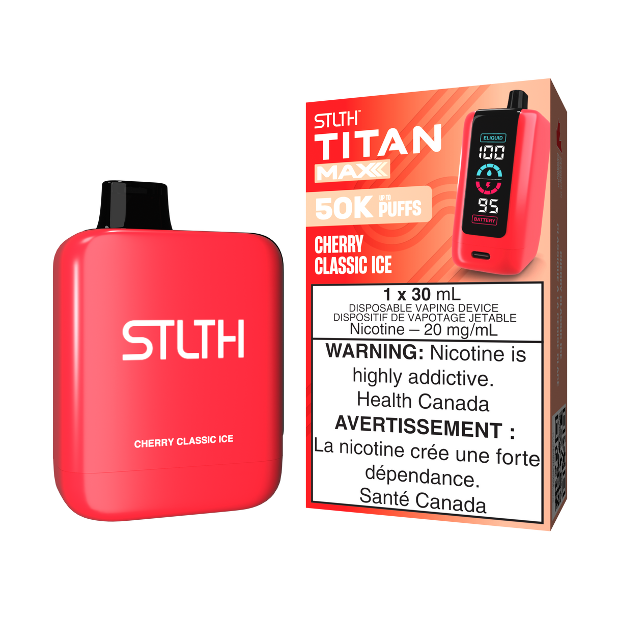 Cherry Classic Ice - STLTH Titan Max 50K Disposable Vape, 50,000 puffs, 20mg/ml nicotine strength, 30ml e-liquid capacity.