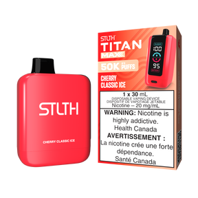 Cherry Classic Ice - STLTH Titan Max 50K Disposable Vape, 50,000 puffs, 20mg/ml nicotine strength, 30ml e-liquid capacity.