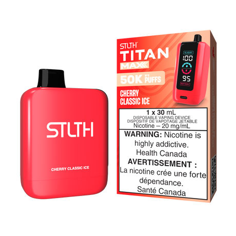 Cherry Classic Ice - STLTH Titan Max 50K Disposable Vape, 50,000 puffs, 20mg/ml nicotine strength, 30ml e-liquid capacity.