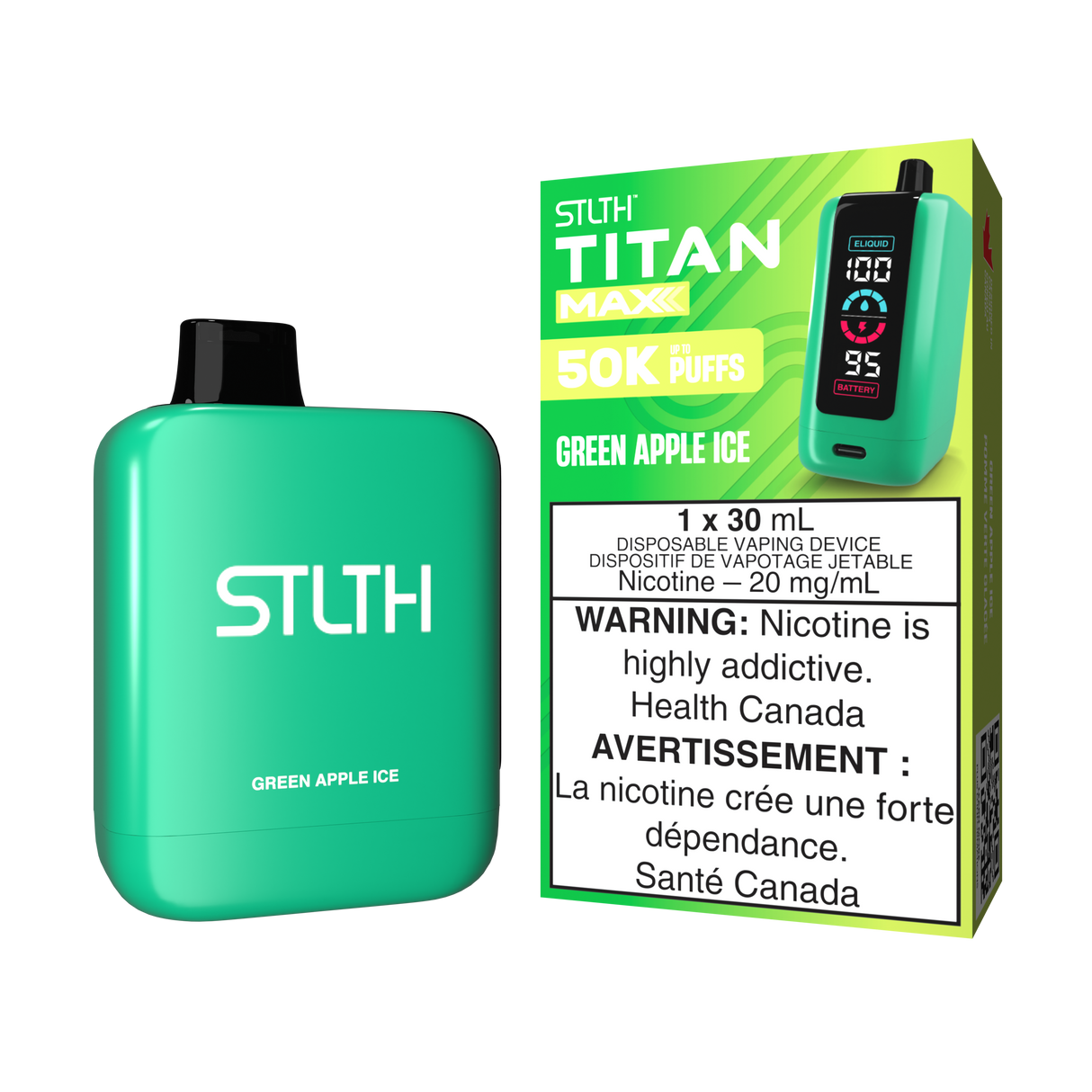 Green Apple Ice - STLTH Titan Max 50K Disposable Vape, 50,000 puffs, 20mg/ml nicotine strength, 30ml e-liquid capacity.