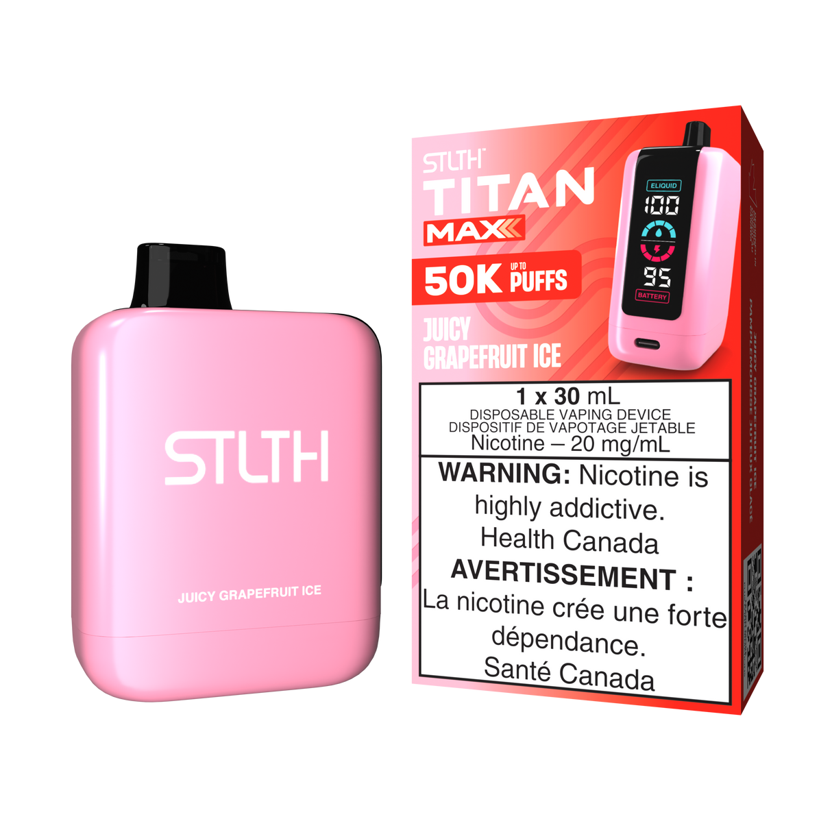 Juicy Grapefruit Ice - STLTH Titan Max 50K Disposable Vape, 50,000 puffs, 20mg/ml nicotine strength, 30ml e-liquid capacity.