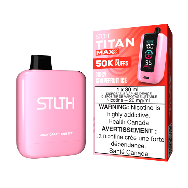 Juicy Grapefruit Ice - STLTH Titan Max 50K Disposable Vape, 50,000 puffs, 20mg/ml nicotine strength, 30ml e-liquid capacity.