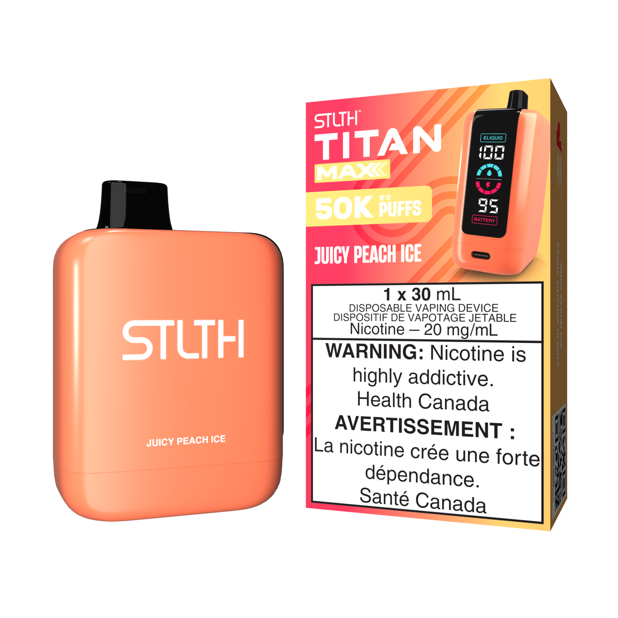 Juicy Peach Ice - STLTH Titan Max 50K Disposable Vape, 50,000 puffs, 20mg/ml nicotine strength, 30ml e-liquid capacity.