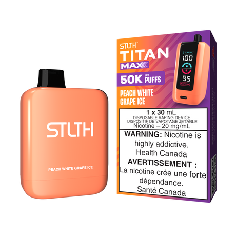 Peach White Grape Ice - STLTH Titan Max 50K Disposable Vape, 50,000 puffs, 20mg/ml nicotine strength, 30ml e-liquid capacity.