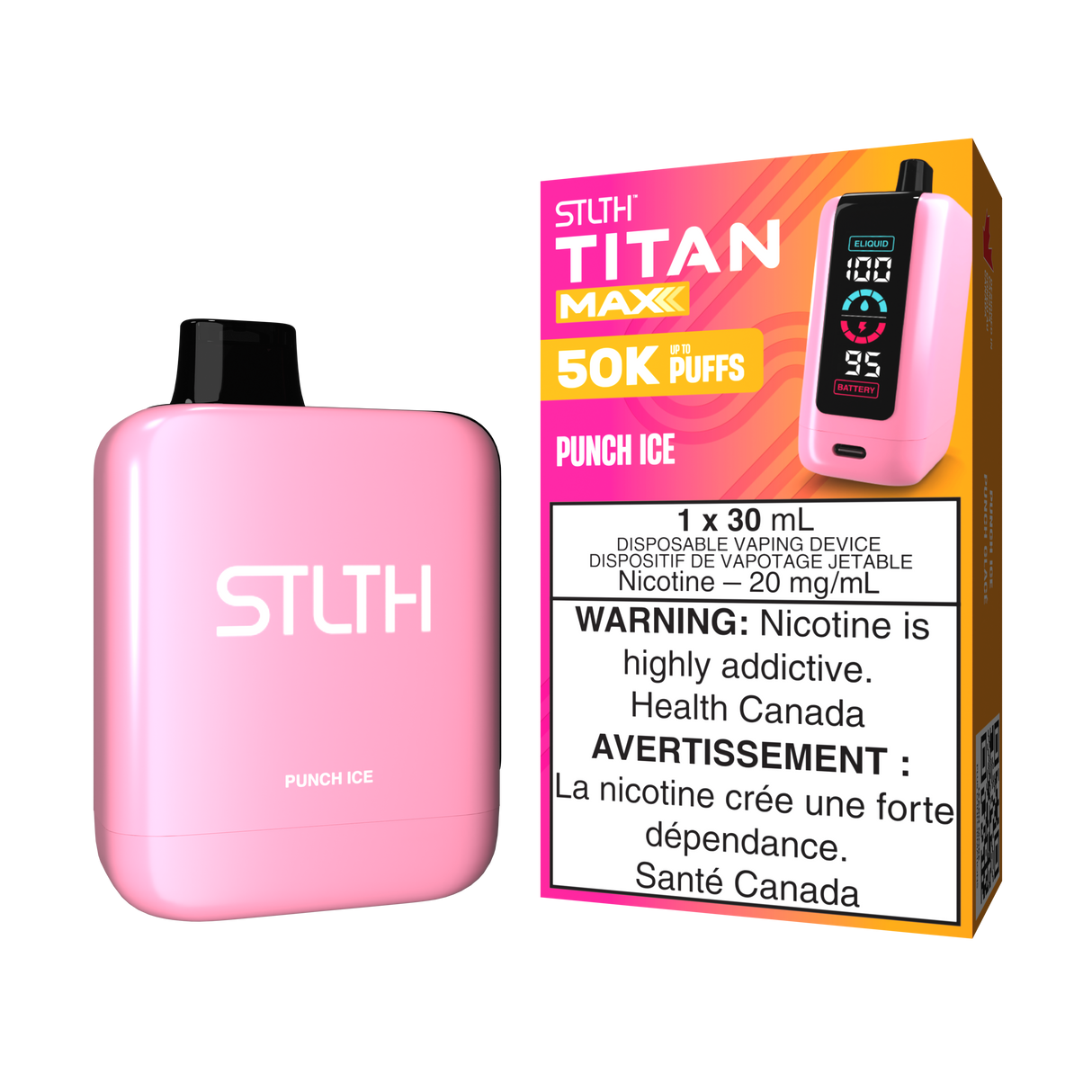 Punch Ice - STLTH Titan Max 50K Disposable Vape, 50,000 puffs, 20mg/ml nicotine strength, 30ml e-liquid capacity.