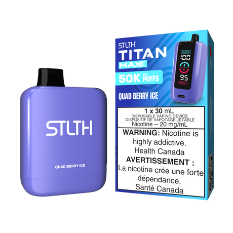 Quad Berry Ice - STLTH Titan Max 50K Disposable Vape, 50,000 puffs, 20mg/ml nicotine strength, 30ml e-liquid capacity.