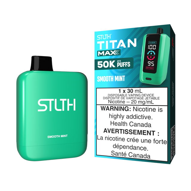 Smooth Mint - STLTH Titan Max 50K Disposable Vape, 50,000 puffs, 20mg/ml nicotine strength, 30ml e-liquid capacity.