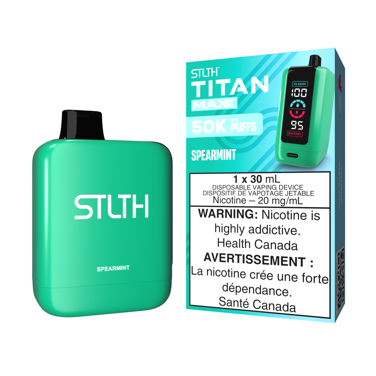 Spearmint - STLTH Titan Max 50K Disposable Vape, 50,000 puffs, 20mg/ml nicotine strength, 30ml e-liquid capacity.