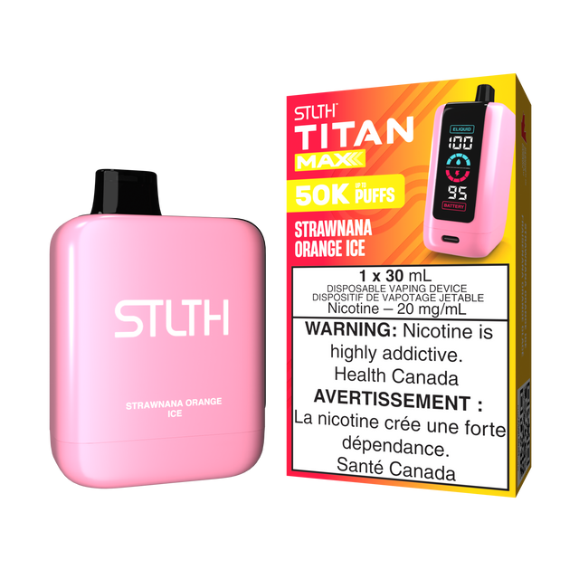 Strawnana Orange Ice - STLTH Titan Max 50K Disposable Vape, 50,000 puffs, 20mg/ml nicotine strength, 30ml e-liquid capacity.