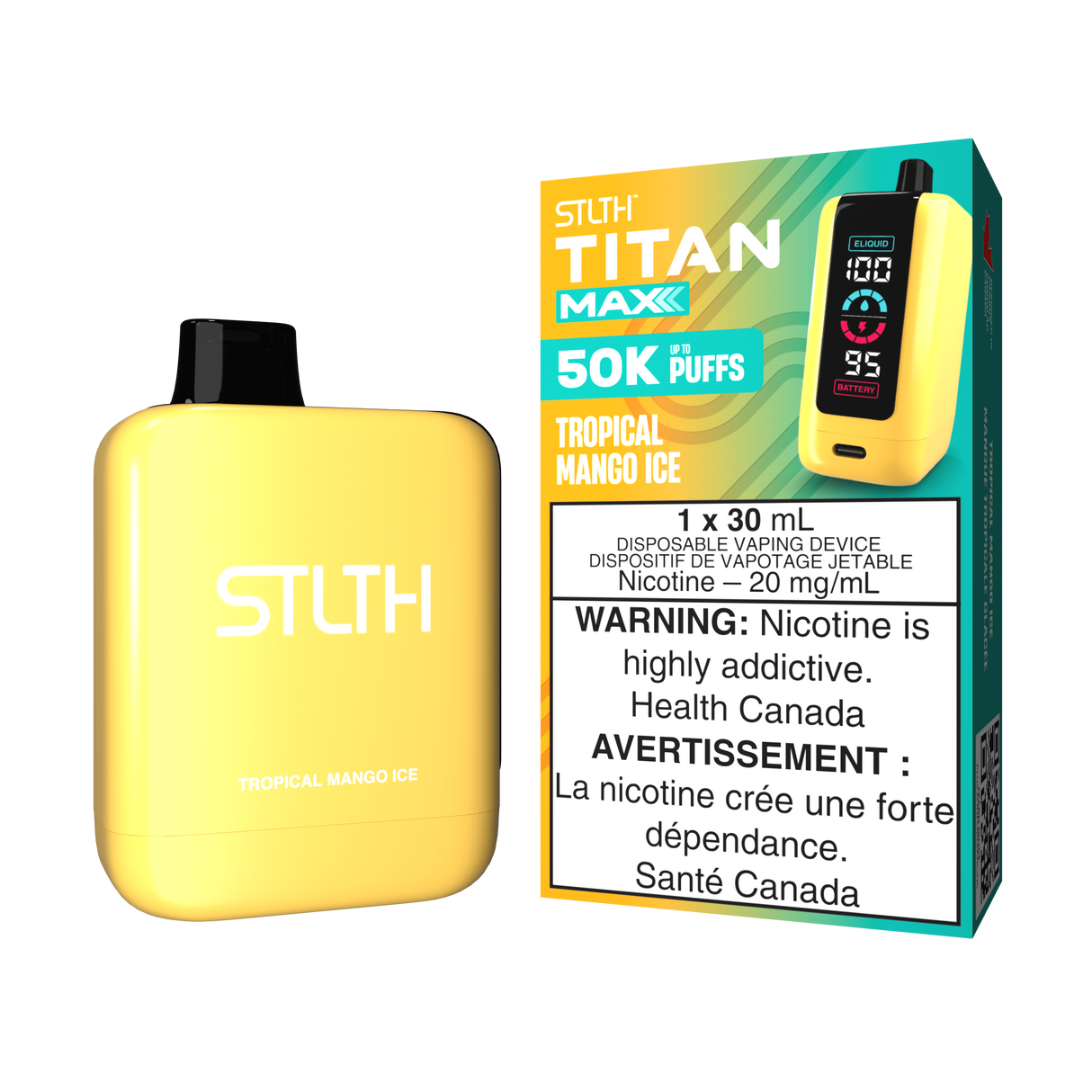 Tropical Mango Ice - STLTH Titan Max 50K Disposable Vape, 50,000 puffs, 30ml e-liquid capacity, 20mg/ml nicotine strength.