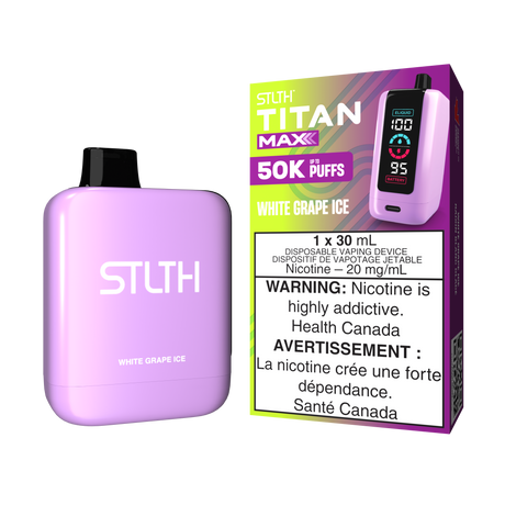 White Grape Ice - STLTH Titan Max 50K Disposable Vape, 50,000 puffs, 30ml e-liquid capacity, 20mg/ml nicotine strength.