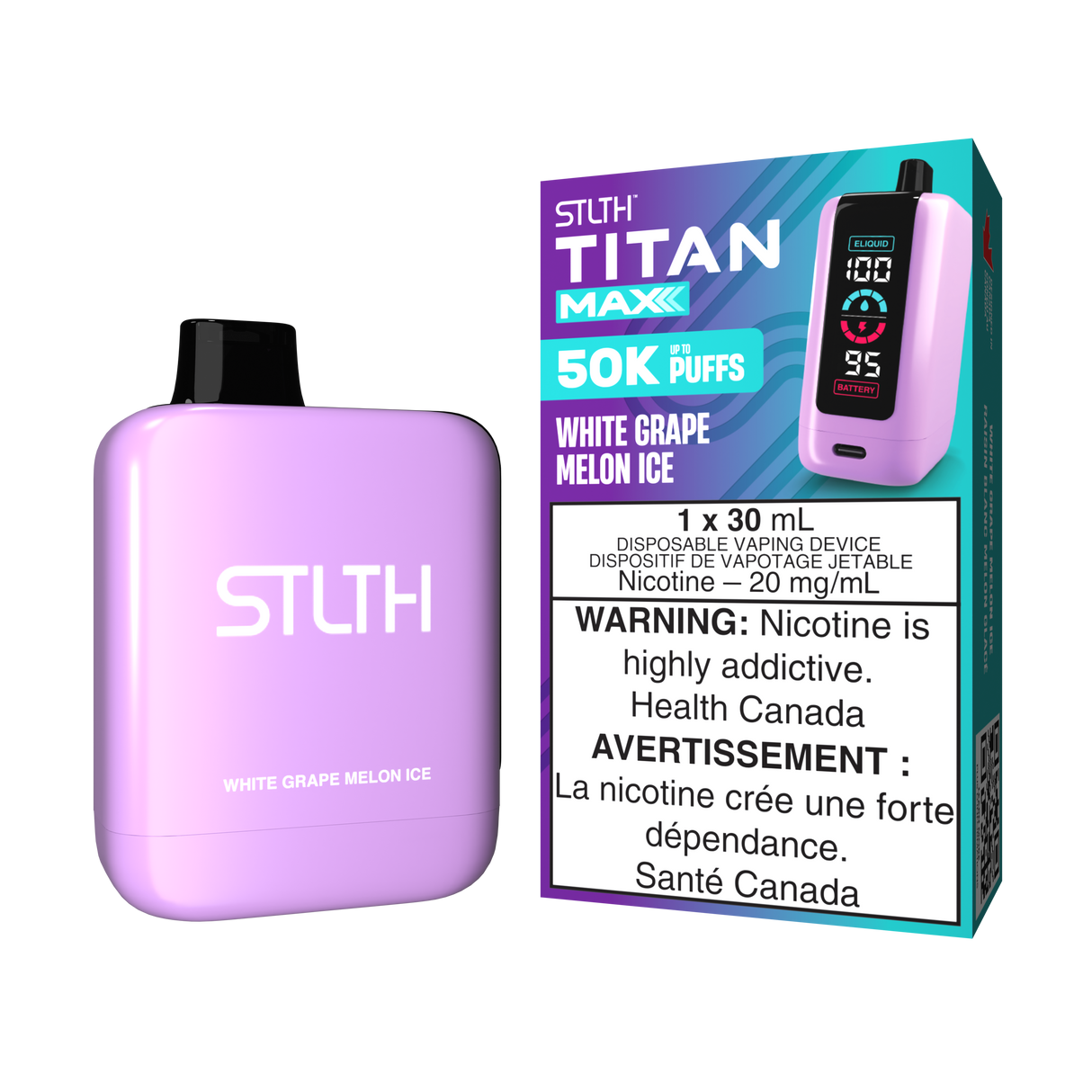 White Grape Melon Ice - STLTH Titan Max 50K Disposable Vape, 50,000 puffs, 30ml e-liquid capacity, 20mg/ml nicotine strength.