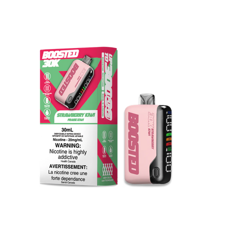 BOOSTED 30K Disposable Vape Strawberry Kiwi flavour featuring a blend of sweet strawberries and tangy kiwis for a vibrant vaping experience, lasting up to 30,000 puffs.