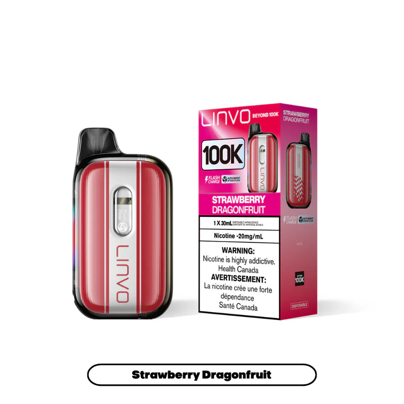 Linvo Beyond 100K Strawberry Dragonfruit disposable vape 100,000 puffs with curved screen and flavour stability technology