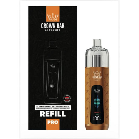 Sunset orange Al Fakher Refill Pro Device Kit refillable hookah vape with vibrant glossy finish, leather detailing, and illuminated screen.