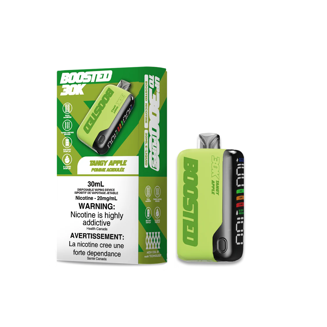 BOOSTED 30K Disposable Vape Tangy Apple flavour capturing the essence of crisp, juicy apples for a refreshing vaping experience, lasting up to 30,000 puffs.