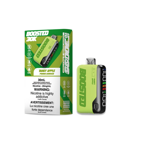 BOOSTED 30K Disposable Vape Tangy Apple flavour capturing the essence of crisp, juicy apples for a refreshing vaping experience, lasting up to 30,000 puffs.