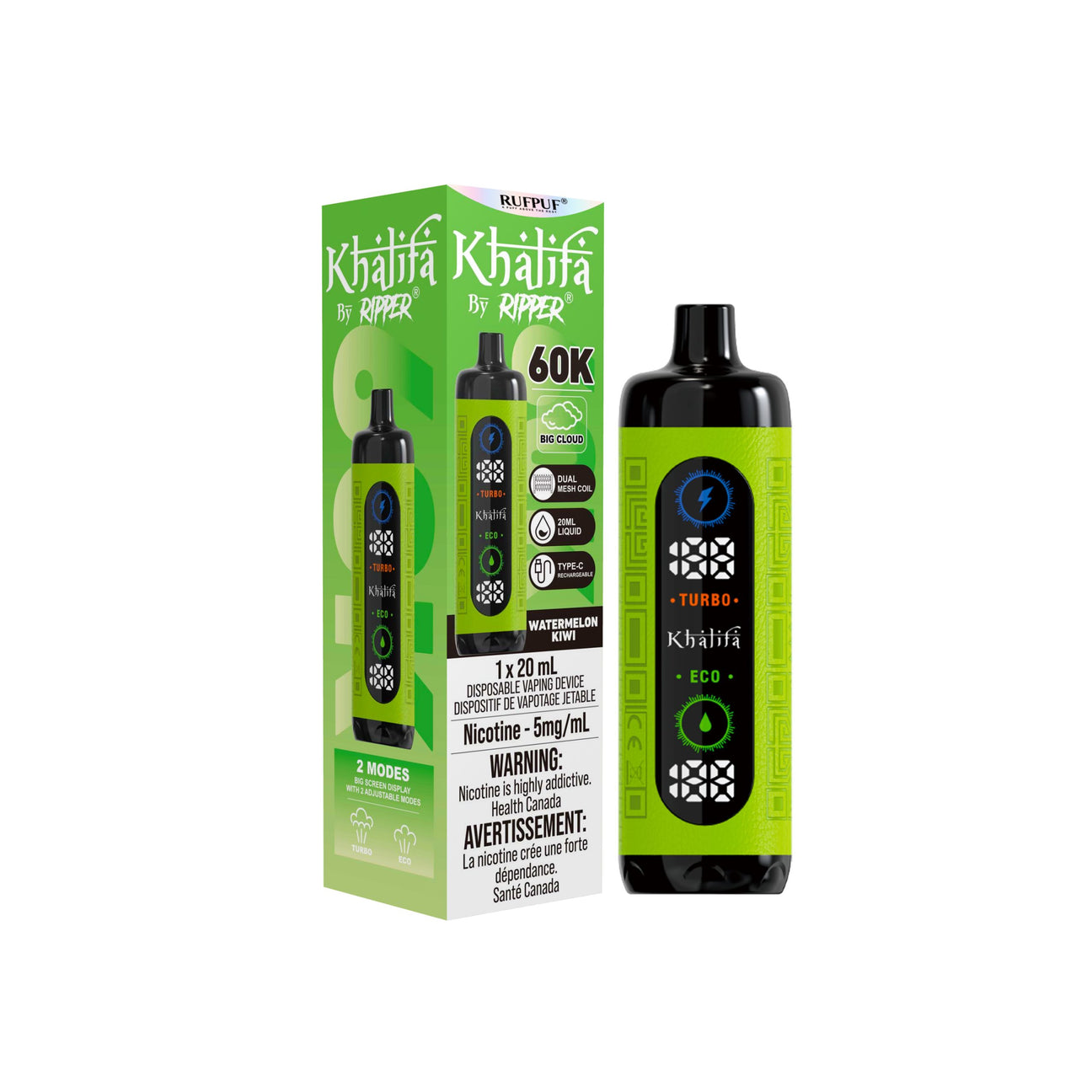 Watermelon Kiwi – Khalifa Bar Hookah Shisha Vape 60K Disposable 20mL.