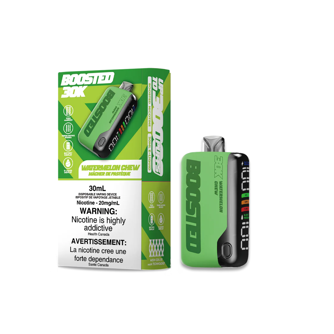 BOOSTED 30K Disposable Vape Watermelon Chew flavour offering a refreshing blend of juicy watermelon and candy sweetness, lasting up to 30,000 puffs.