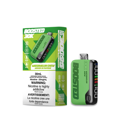 BOOSTED 30K Disposable Vape Watermelon Chew flavour offering a refreshing blend of juicy watermelon and candy sweetness, lasting up to 30,000 puffs.