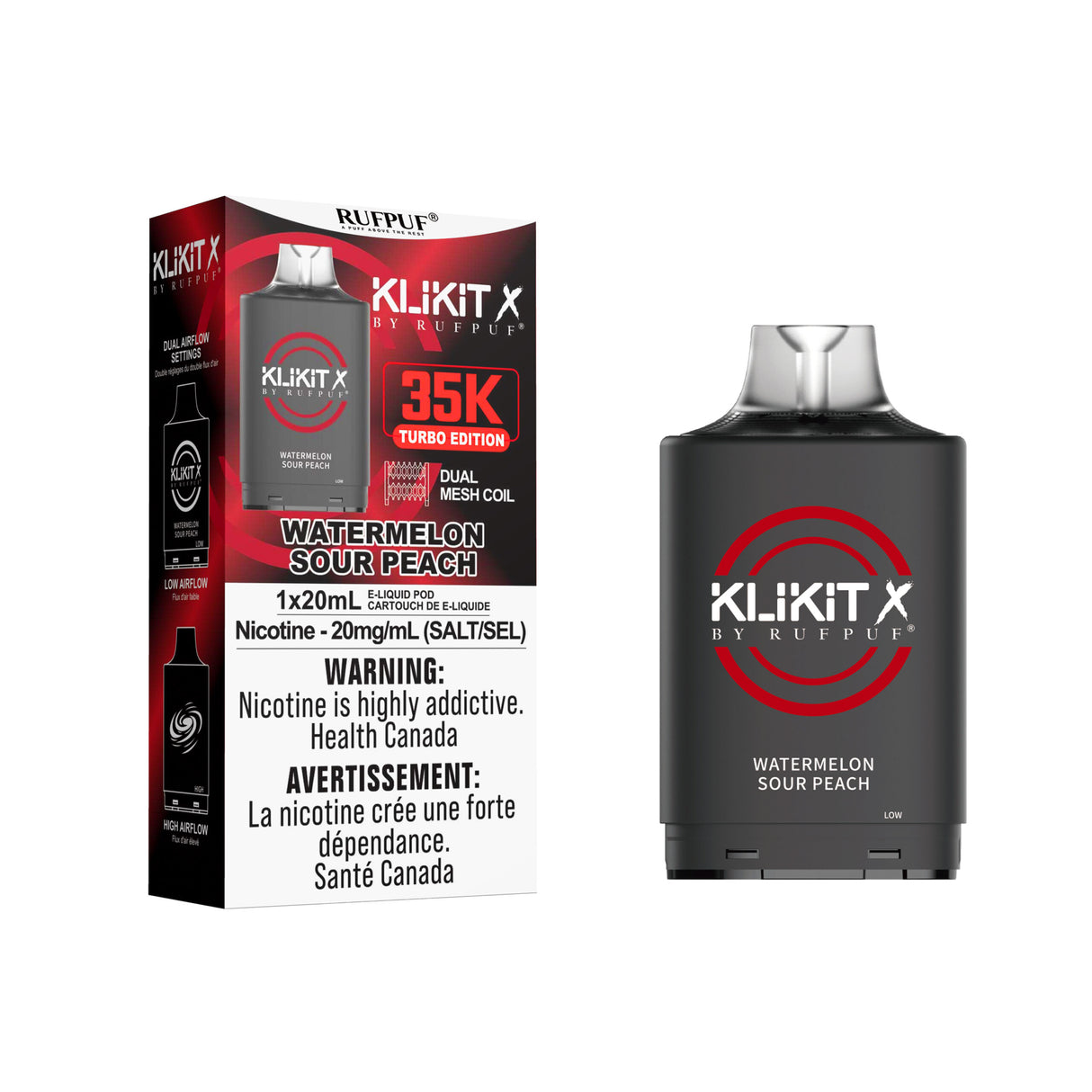 Watermelon Sour Peach Klikit X Vape Pods, 35000 Puffs, 20ml, 20mg/ml nicotine.