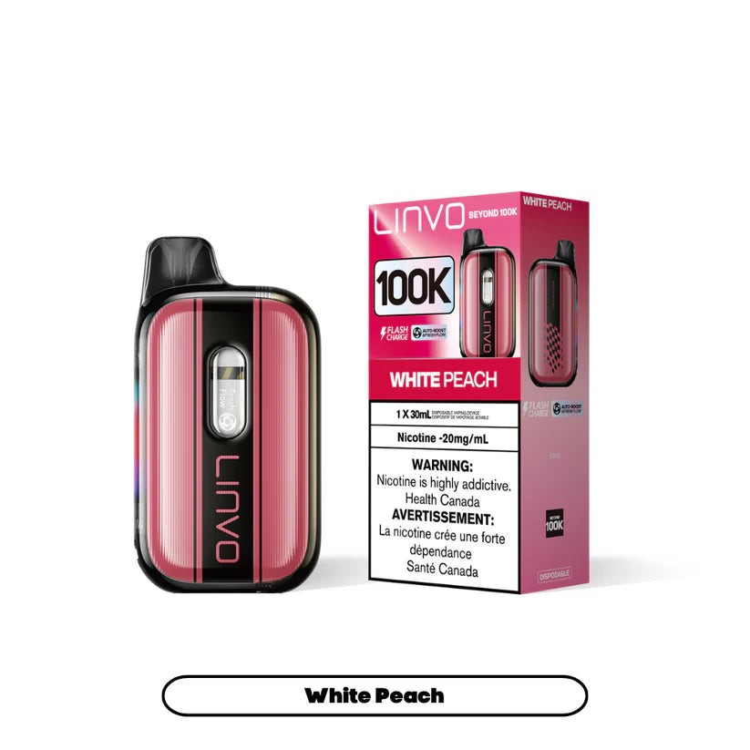Linvo Beyond 100K White Peach disposable vape 100,000 puffs with AI auto refill and dynamic curved display