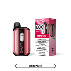 Linvo Beyond 100K White Peach disposable vape 100,000 puffs with AI auto refill and dynamic curved display