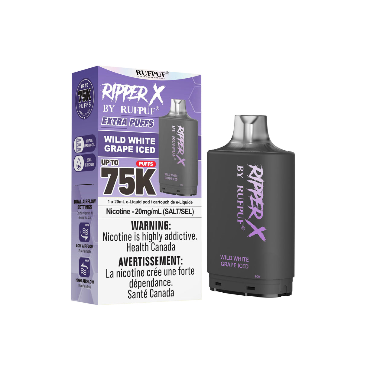 Wild-White-Grape-Iced Ripper X 75k Vape Pod - Nicotine Strength 20mg/ml - E-Liquid Quantity 20ml - Puff Count 75000.